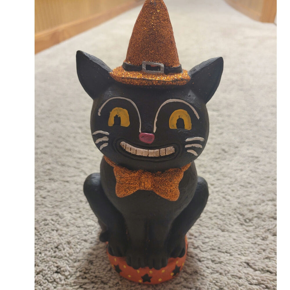 Vintage Style Black Cat Halloween Decor Glitter Hat Bow Tie Walmart Accent Decor